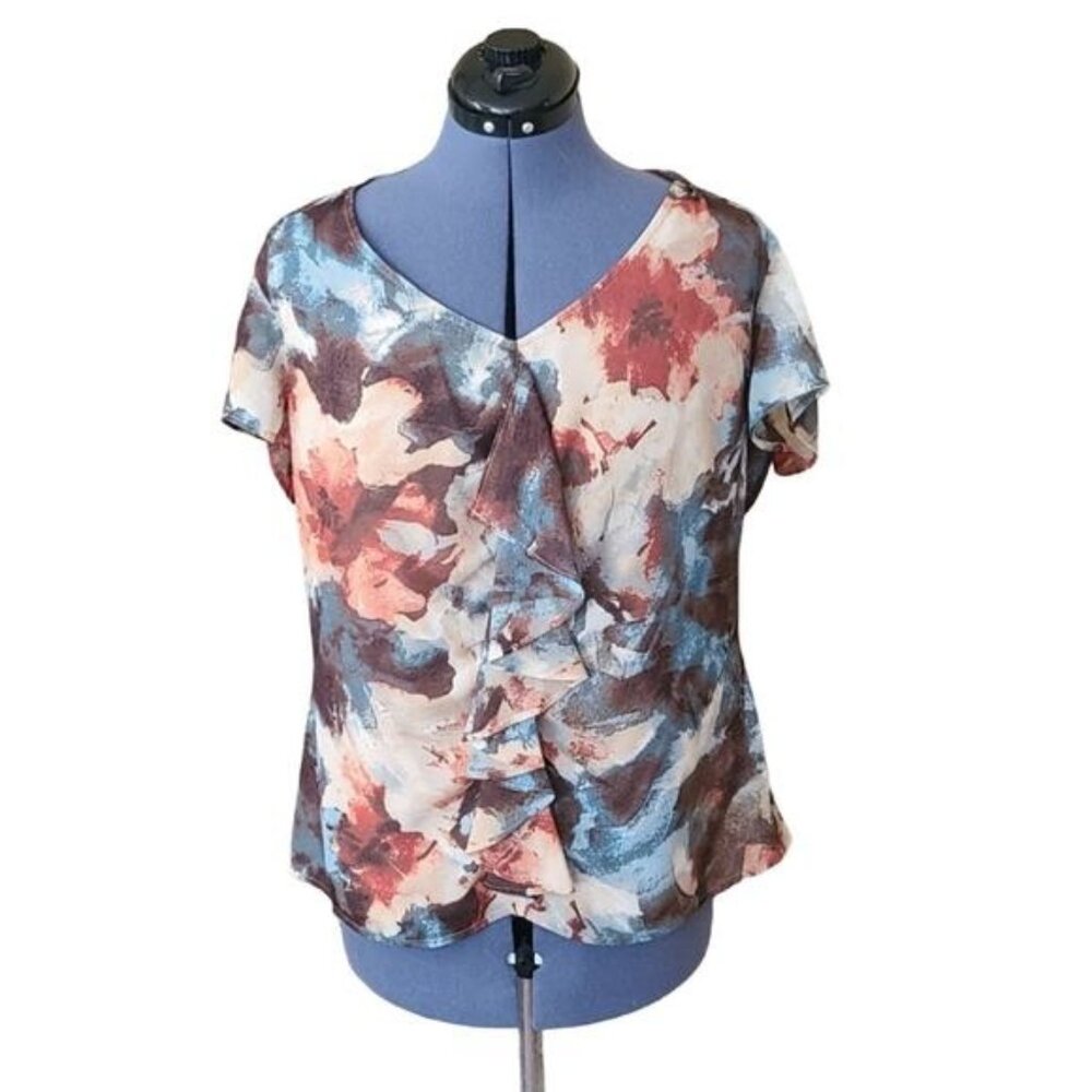 Evan Picone ruffle front short sleeve blouse 16